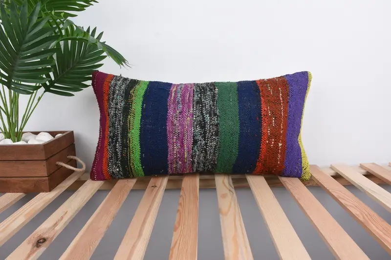 Handmade Throw Cushion, Kilim Pillow Cover, Interior Designer Pillow, Boho Pillow, Custom Cushion Cover, 12x24 Green Cushion Case, Cushion Cover - 1