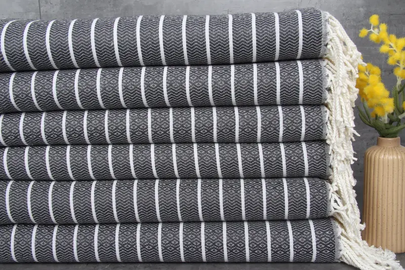 Turkish Beach Towel Dark Gray Stripes, Organic Cotton, 40x71 Inches