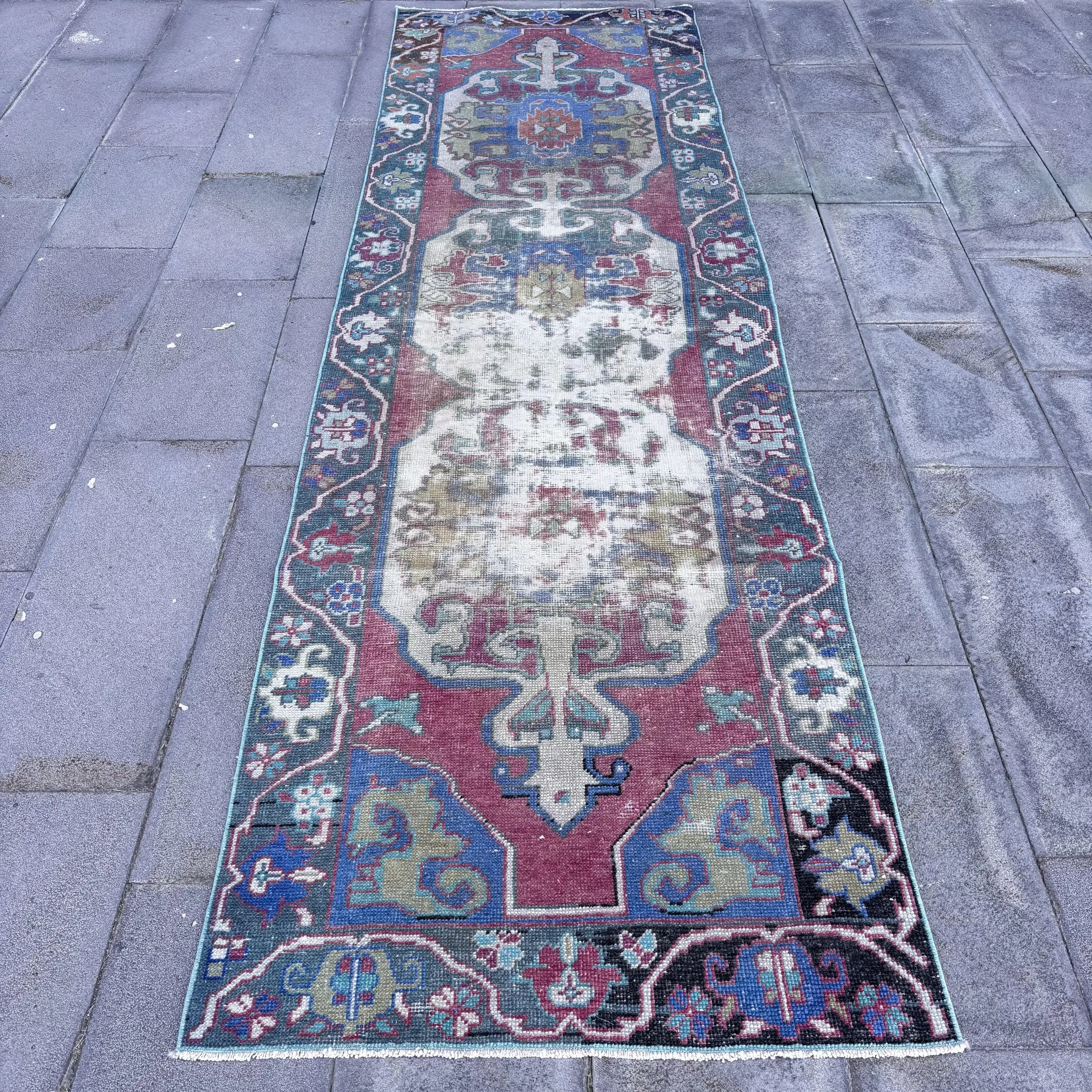 Turkish Vintage Rug, 3x10.3 ft Runner Rug, Red Blue Southwestern Wool Rug - 1