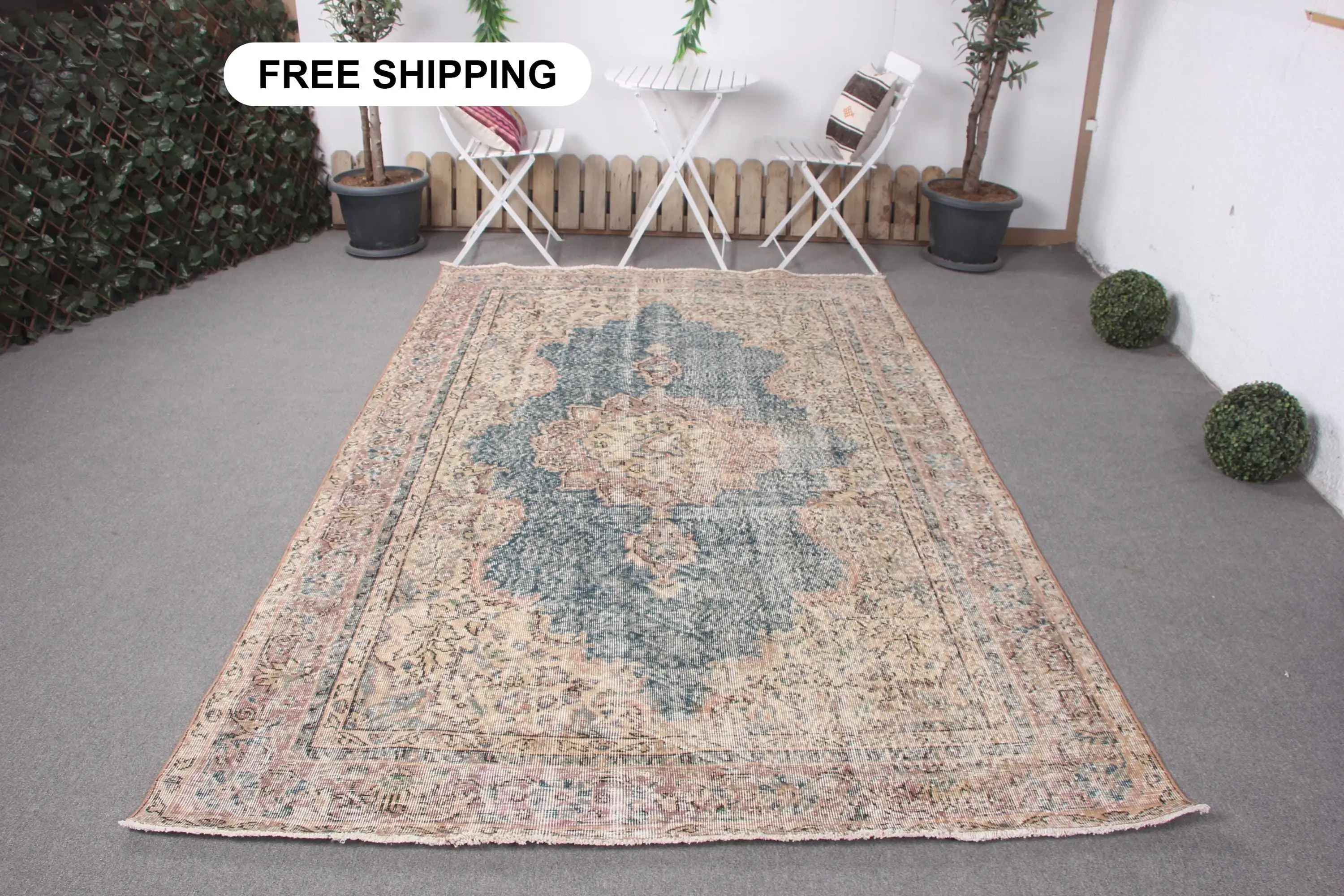 Vintage Turkish Large Rug 5.8x9.4 ft, Blue Brown Patchwork Wool Rug - 1