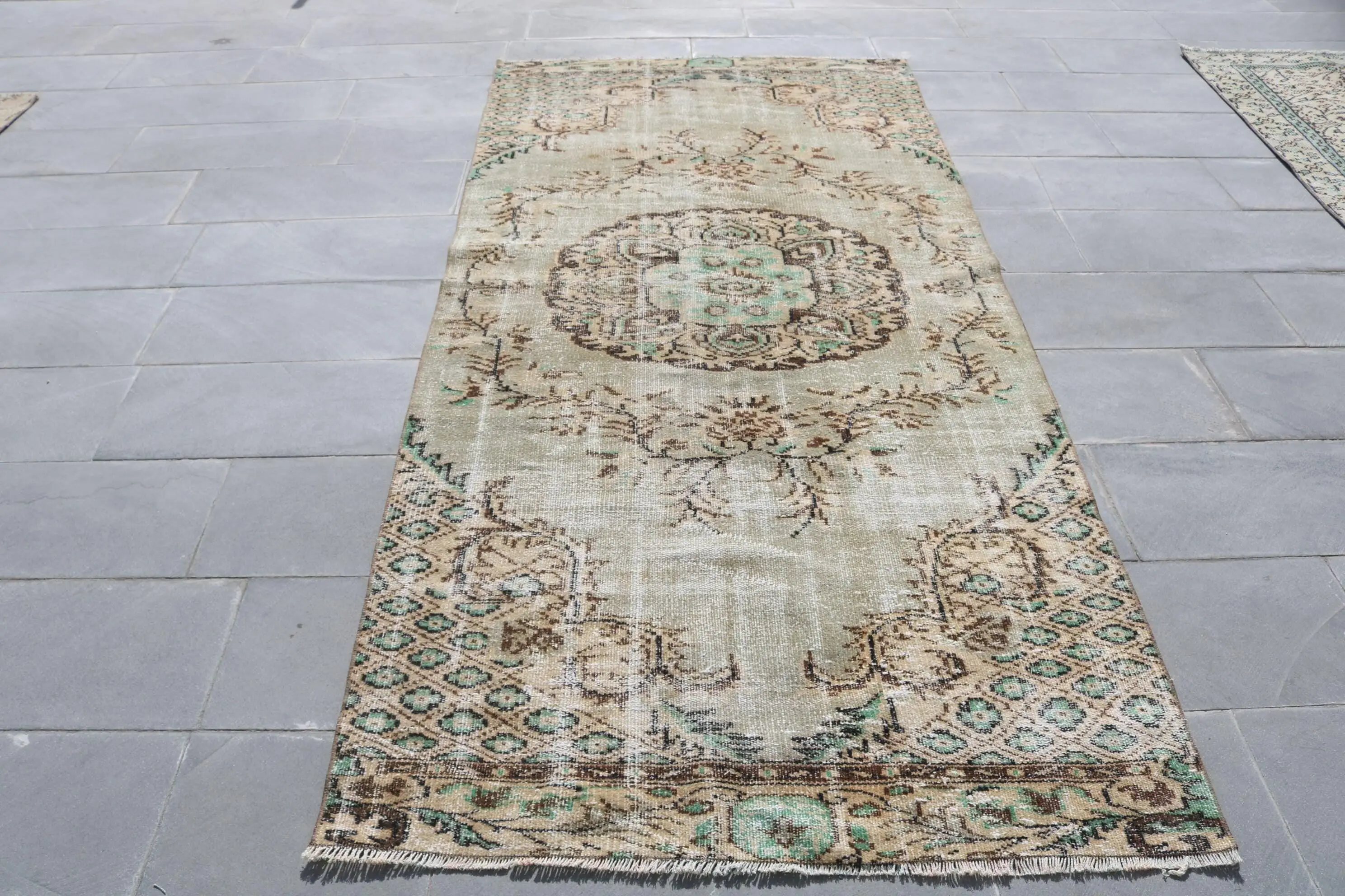 Turkish 4.1x9 ft Rug, Area Vintage Rug, Brown Green Ikat Rug - 1