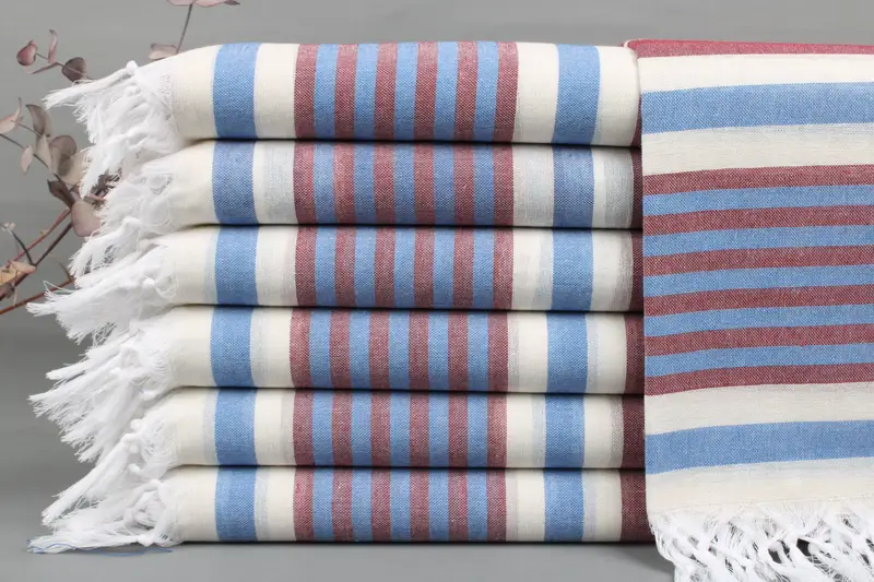 Organic Turkish Towel, 40x67 Inches, Burgundy and Blue, Embroidered