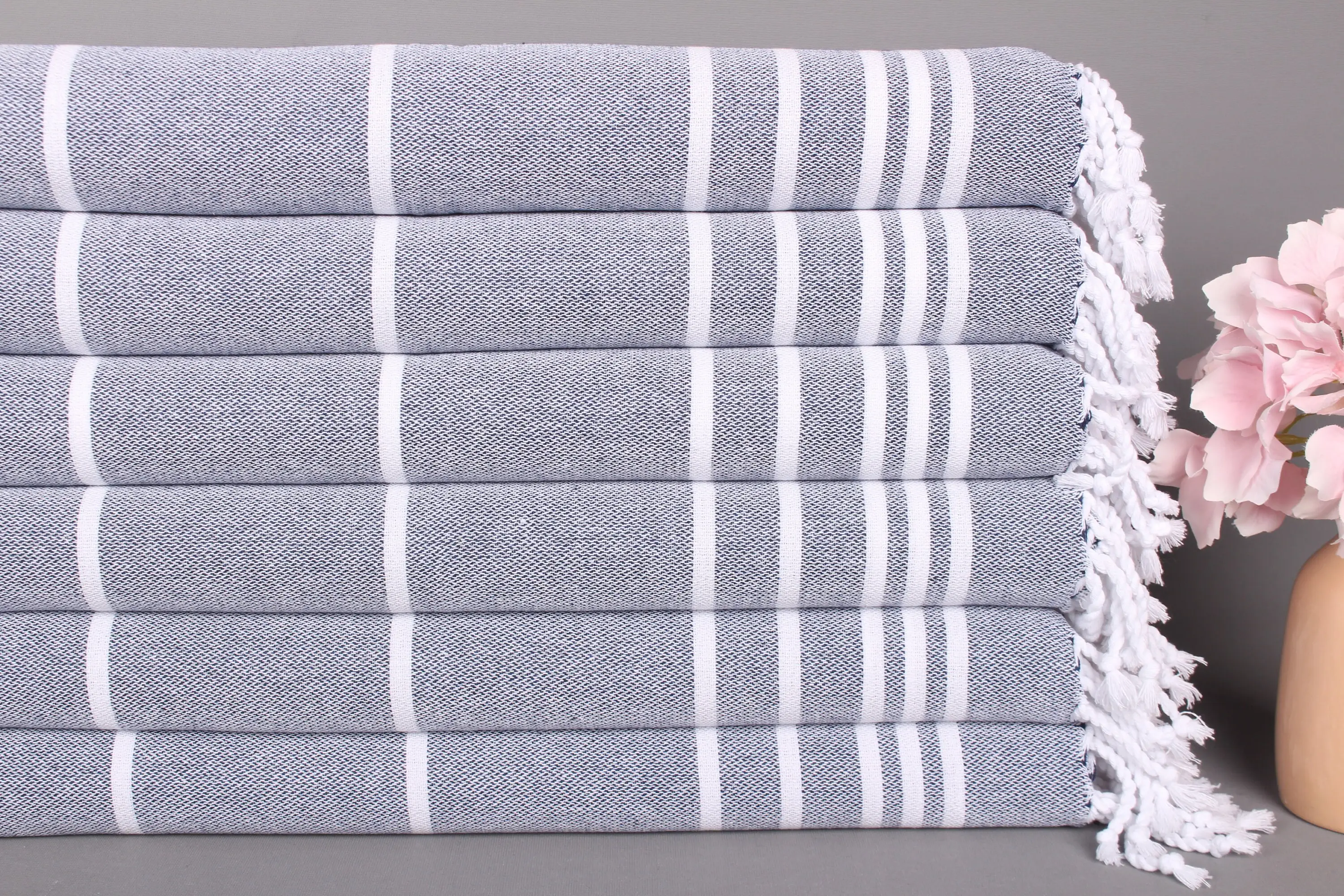 Monogram Kitchen Towel Navy Cotton Striped, 18x38 Inches - 1