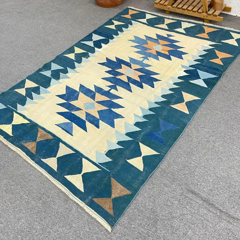 Turkish Vintage Area Rug 4.6x6.9 ft, Blue Brown Floral Rug - 1