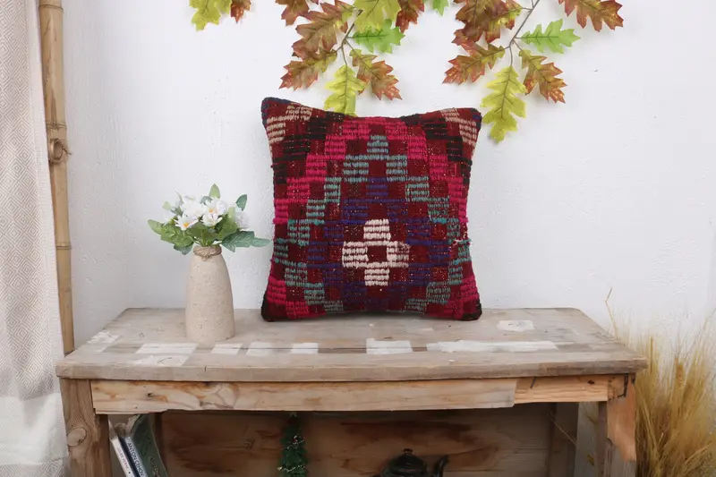 14x14 Red Pillow Cover, Throw Kilim Pillow, Kilim Pillow, Floor Pillow, Cushion, Handmade Kilim Cushion, Shabby Chic Cushion, Neutral Pillow Cover - 1