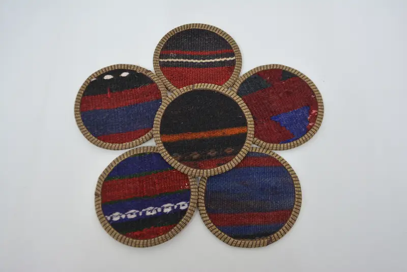 Posavasos a rayas rojas y bronce, posavasos Kilim único