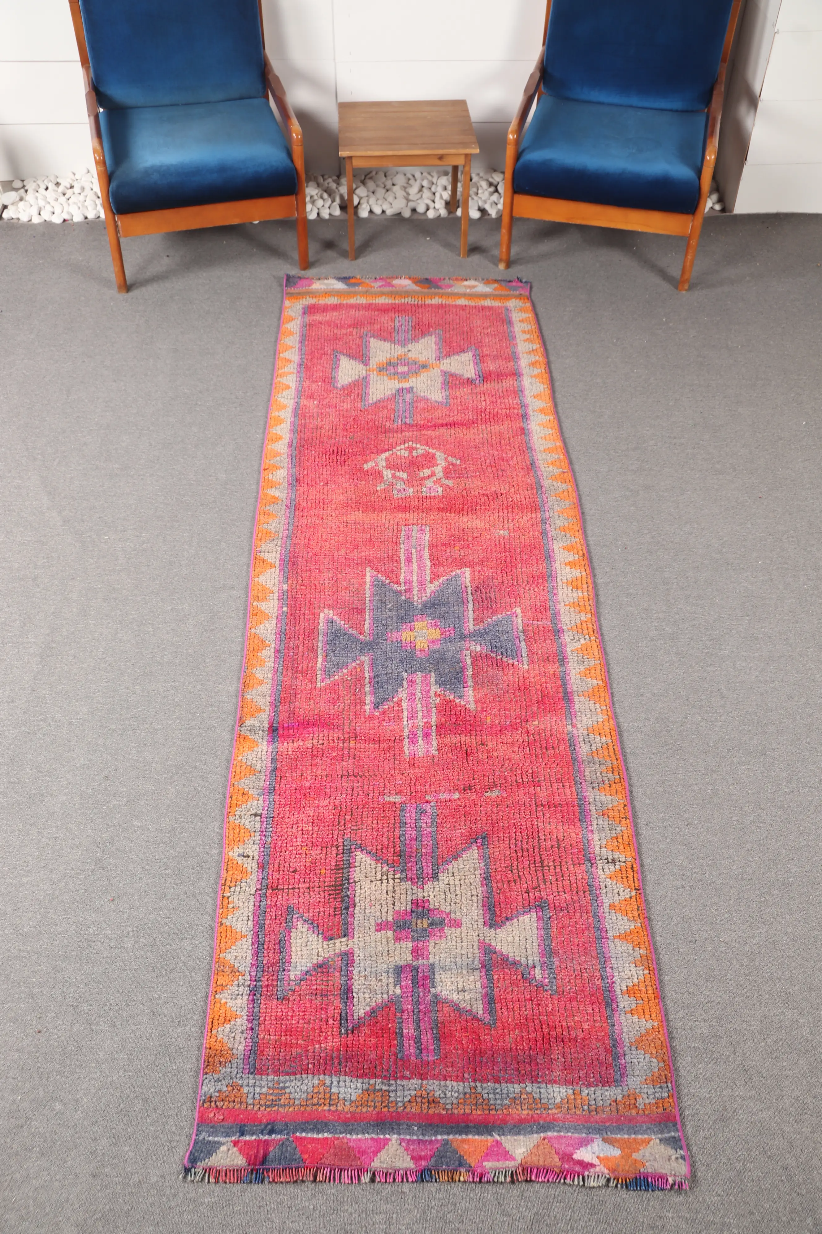 Vintage Rug, 2.7x9.6 ft Turkish Rug, Pink Orange Geometric Rug - 1