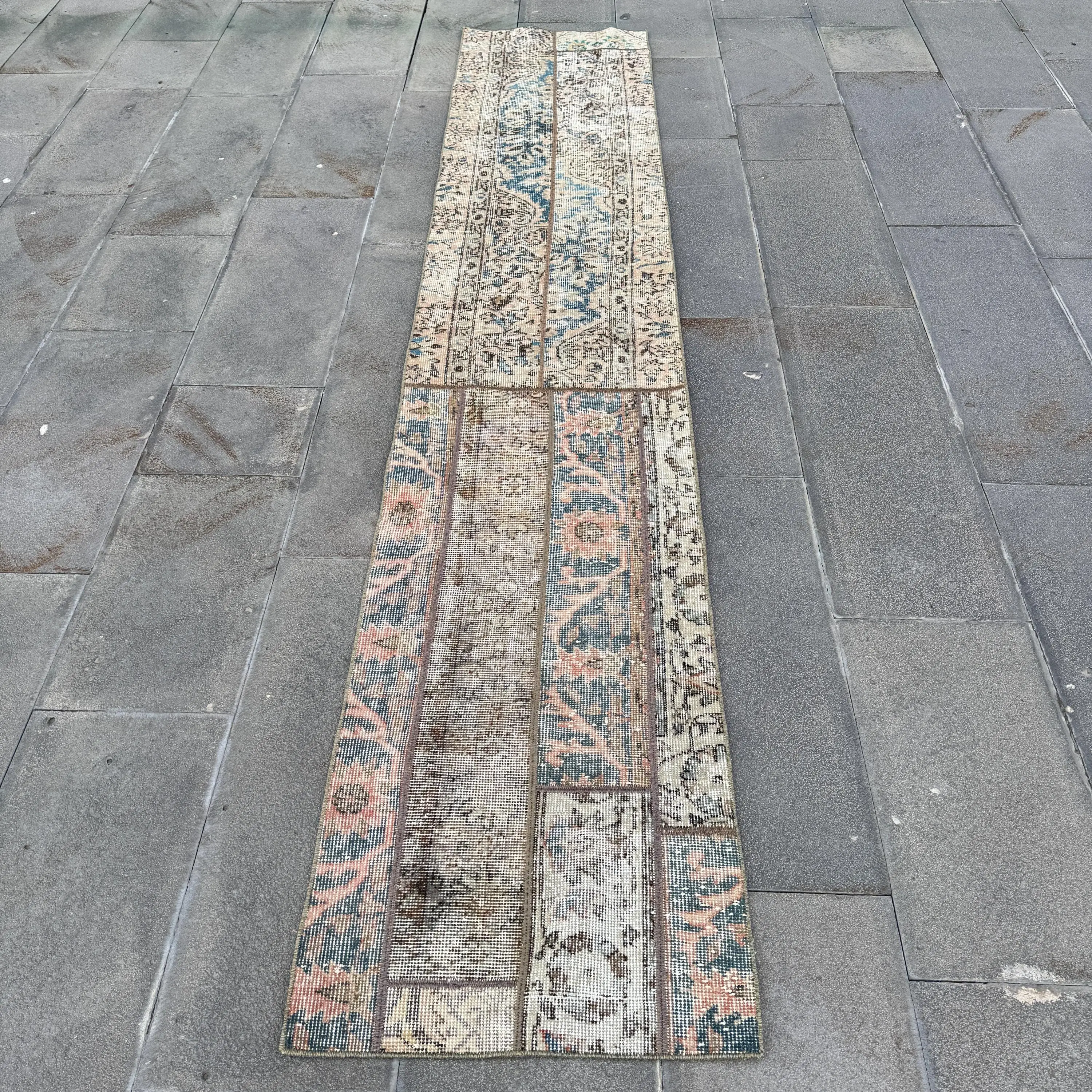 Turkish Runner Rug 1.8x9.5 ft (56x290 cm), Blue Bordered Vintage Rug - 1
