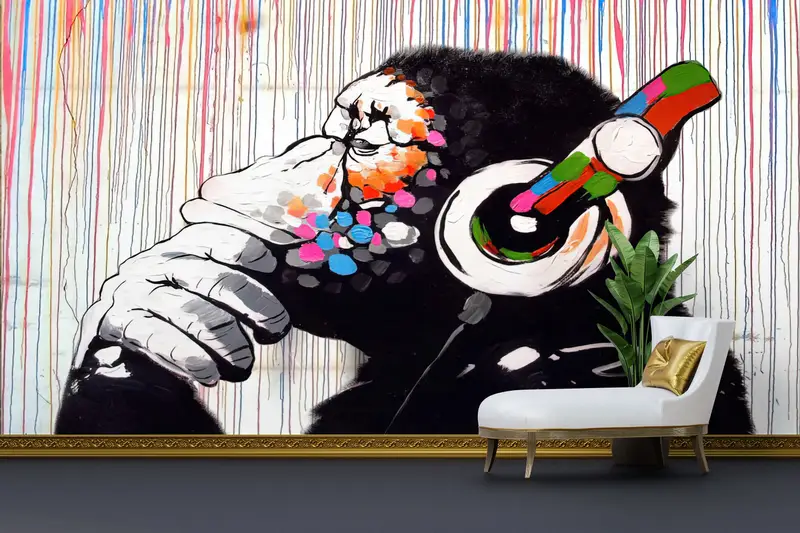 Vibrant Printed Wallpaper: Banksy Monkey Graffiti Art for Walls
