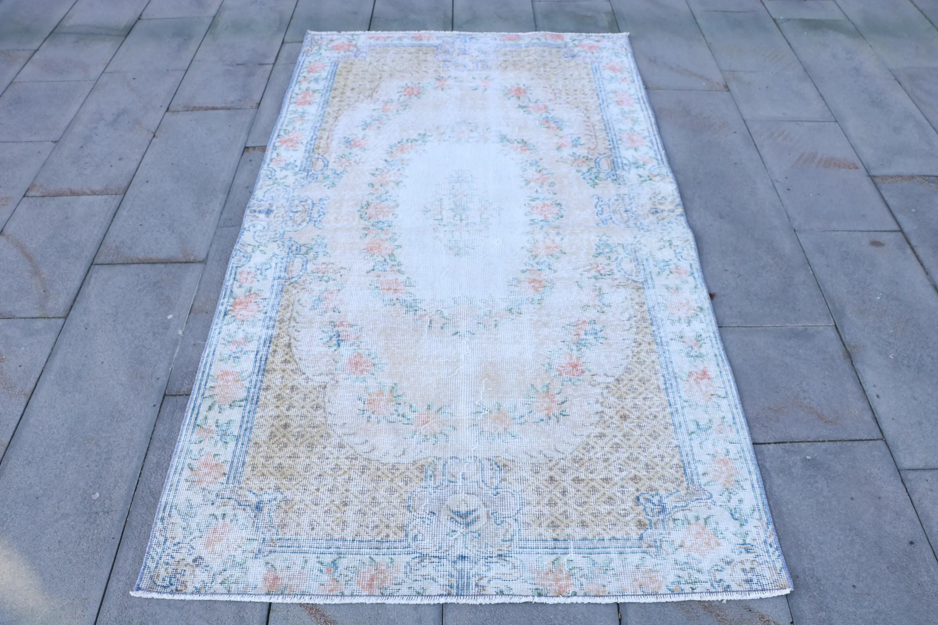 Turkish Rug, 3.8x6.7 ft Area Rug, White Blue Wool Rug - 1