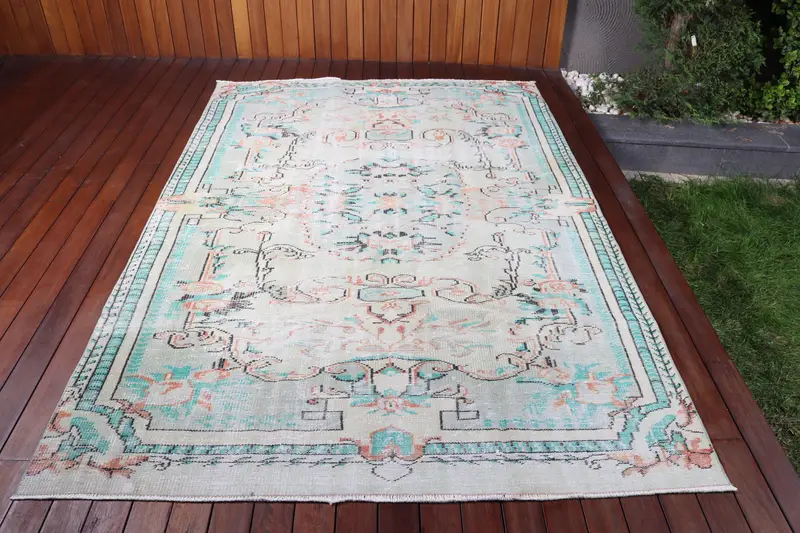 Vintage Türk Oushak Büyük Halı 5.5x8.4 ft, Mavi Patchwork Halı Yün - 1