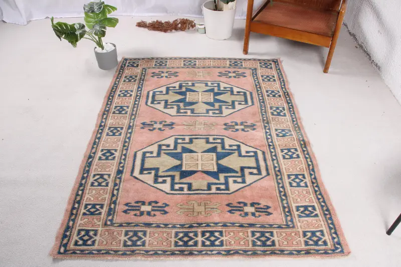 Elegante alfombra oriental rosa y azul, 12 x 14 m