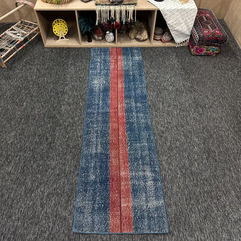 Turkish Rug, Small 2.3x7.6 ft Rug, Herki Blue Striped Rug - 1