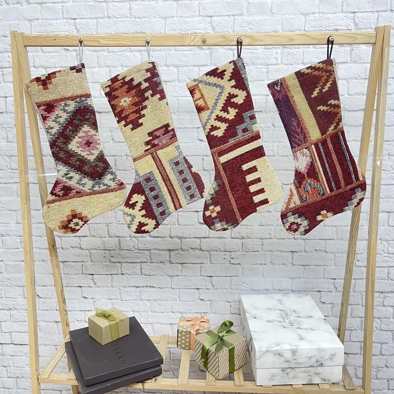 Red & Beige Christmas Ornaments Stocking, 7-Inch Wide Cotton Stocking