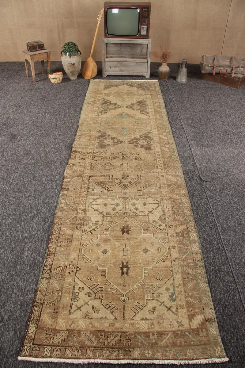 Turkish 3.6x13.9 ft Rug, Runner Vintage Rug, Brown Floral Wool Rug - 1