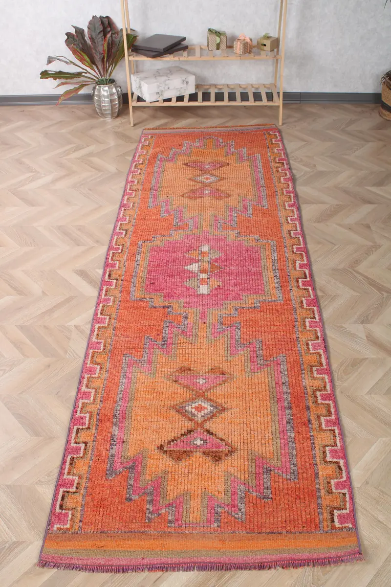 Turkish Vintage Rug, 3.1x9.8 ft Herki Rug, Orange Pink Animal Print Wool Rug - 1