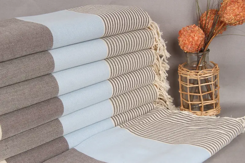 Beach Towel Baby Blue-Brown Striped Organic Cotton, 40x69 Inches