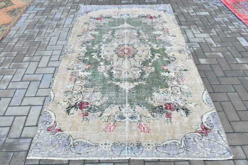 4.9x8.4 ft Türk Halısı, Oushak Halısı, Yeşil Çiçekli Halı Yünü - 1