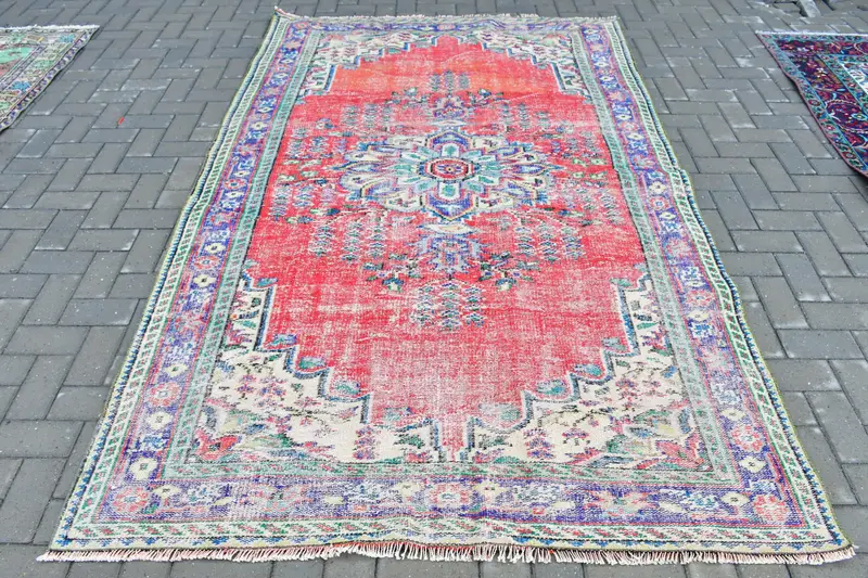Vintage Türk Büyük Halı 5.4x8.7 ft, Oushak Kırmızı Yün Halı - 1
