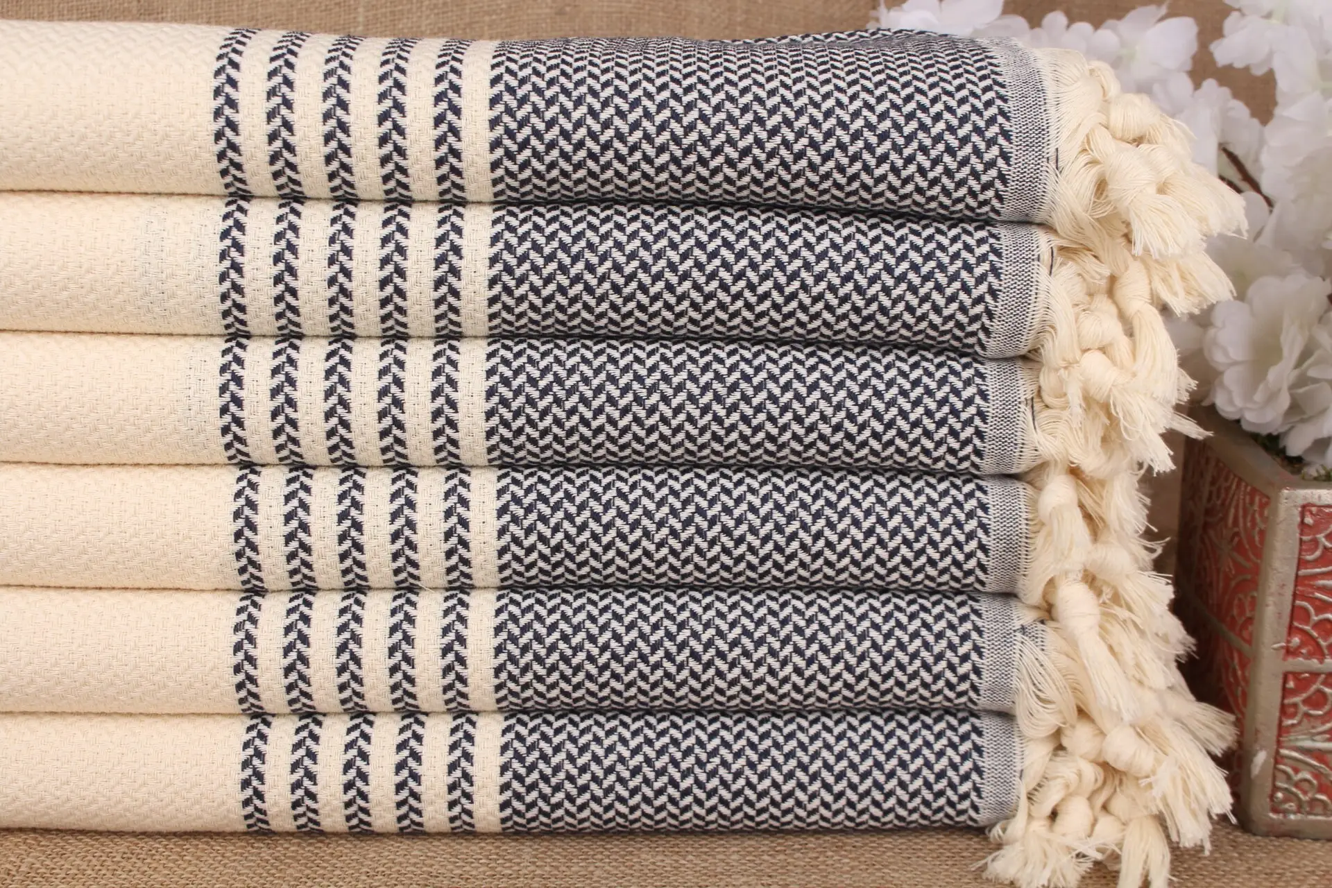 Wedding Gifts Towel Striped Navy Beige 40x71 Inches Turkish Cotton - 1