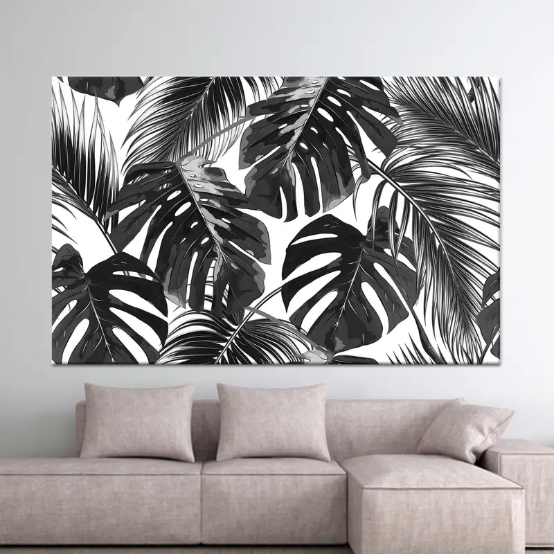 Tuval Baskı Zarif Tropikal Palmiye Yaprağı Siyah Beyaz