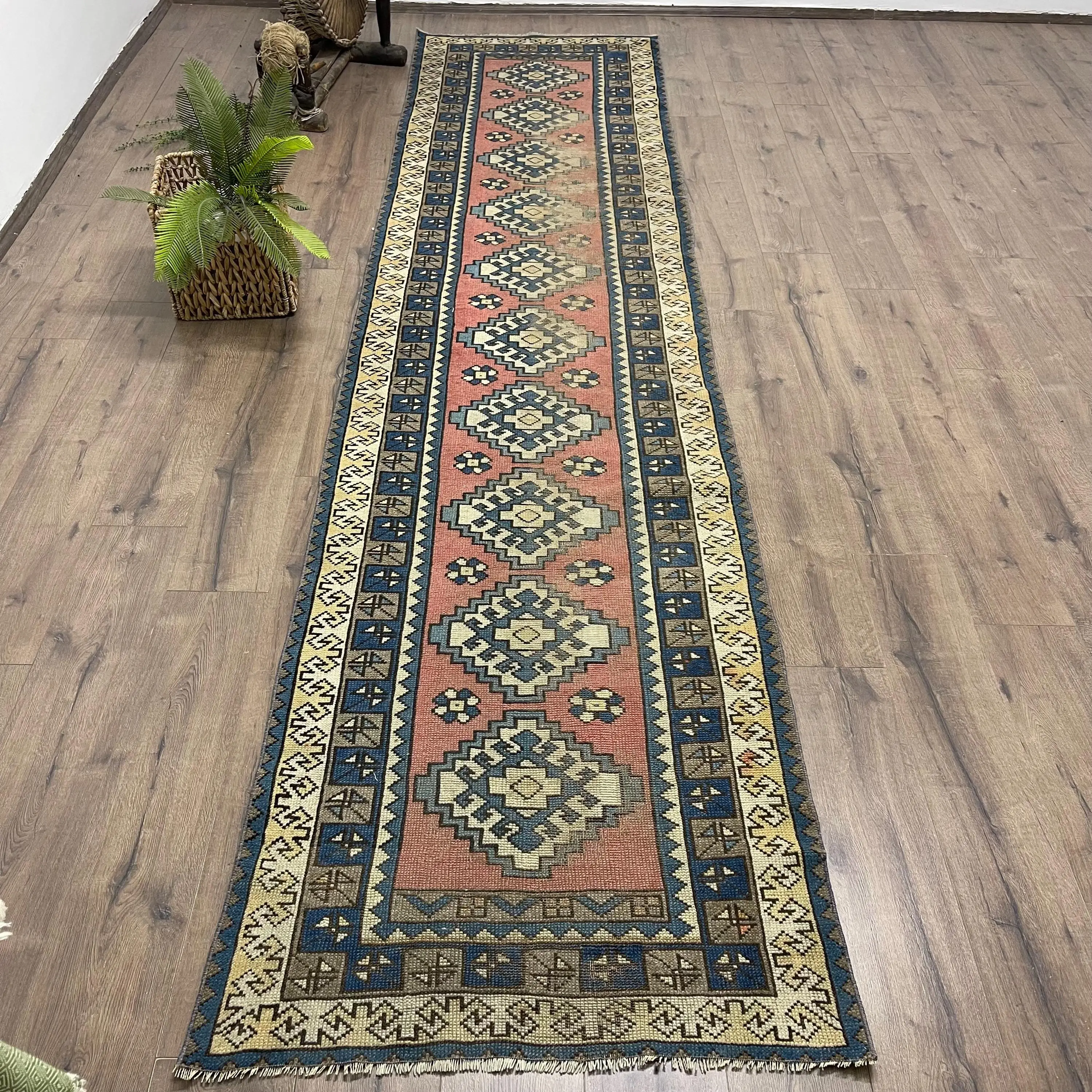 Vintage Runner Rug, 3x12.5 ft Turkish Rug, Blue Wool Rug - 1
