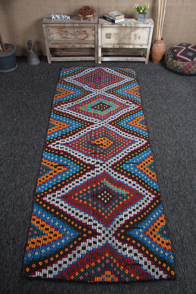 Alfombra turca vintage 3,7x10 pies (113x304 cm), alfombra de lana Kilim Rainbow - 1