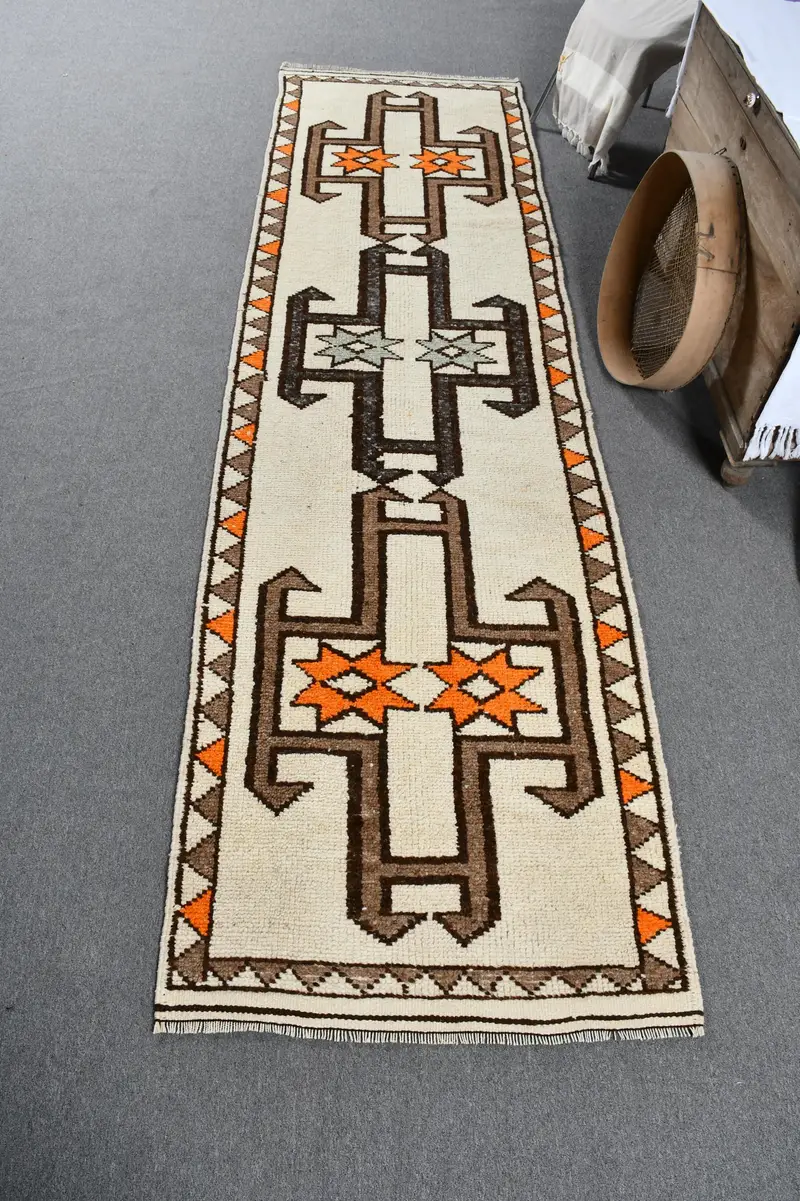 Turkish Herki Runner Rug 3x11.1 ft (90x337 cm), Vintage Brown Camouflage Wool Rug - 1