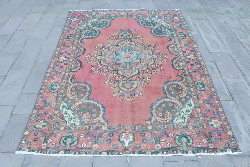 Vintage Turkish Large Rug 6.8x9.3 ft, Red Blue Floral Rug - 1