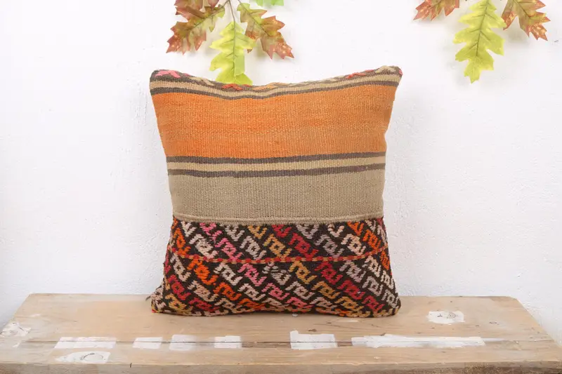 Orange & Braunes Patchwork-Wurfkissen, 16x16 besticktes Vintage-Kissen