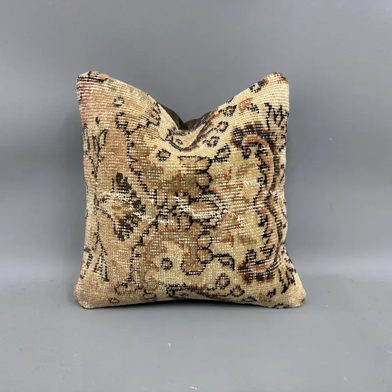 Almohada de tiro Kilim floral beige y marrón, cojín bordado vintage