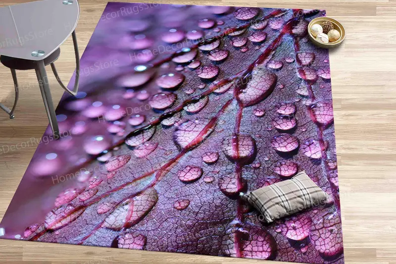 パープル リーフ & ウォーター ドロップ プリント ラグ: モダンでトレンディなデザイン