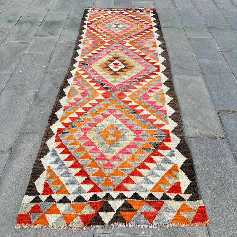 Kırmızı ve Yeşil Halı, 3,3x9,9 ft Botanik Tasarım