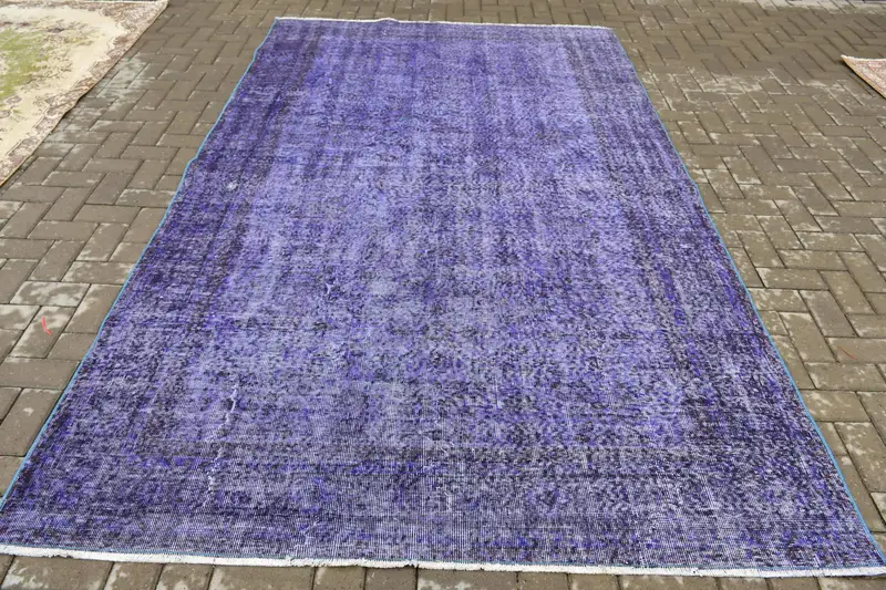 Vintage Türk Oushak Halısı 6.1x10.2 ft, Mavi Büyük Bordürlü Yün Halı - 1