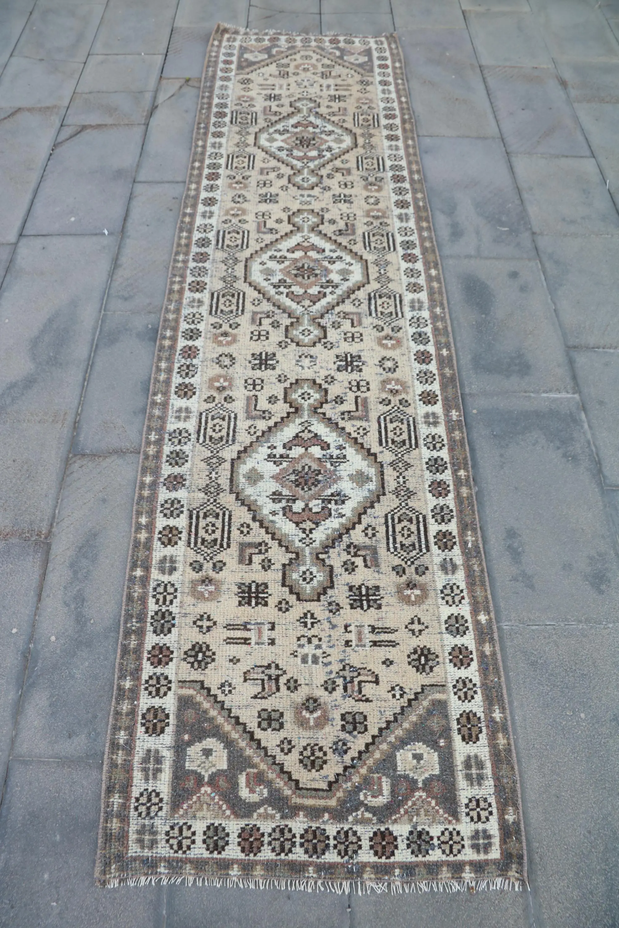 2.4x9.5 ft Rug, Vintage Turkish Rug, Brown Striped Wool Rug - 1