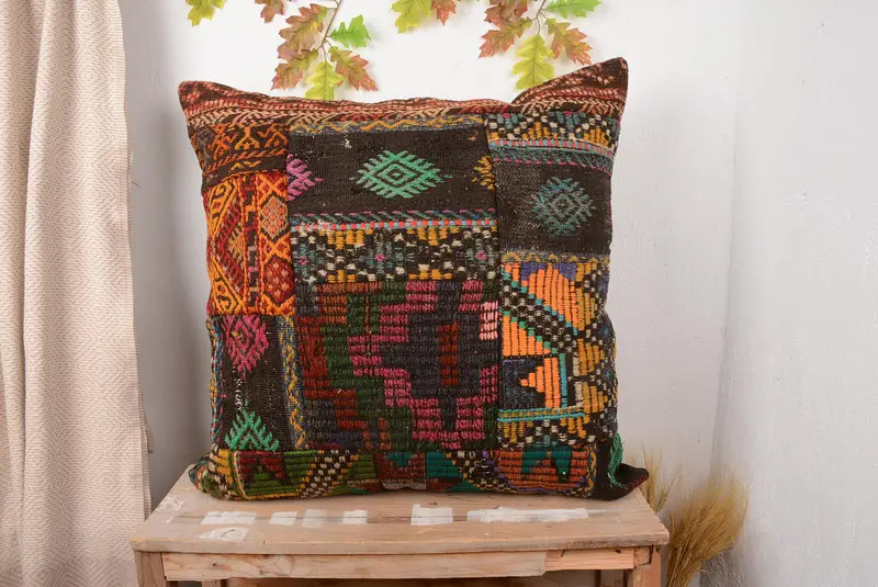 Red & Orange Patchwork Throw Pillow, 32x32 Embroidered Cushion