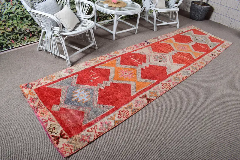 3.1x10.5 ft Halı, Runner Vintage Halı, Kırmızı Oushak Patchwork Halı - 1