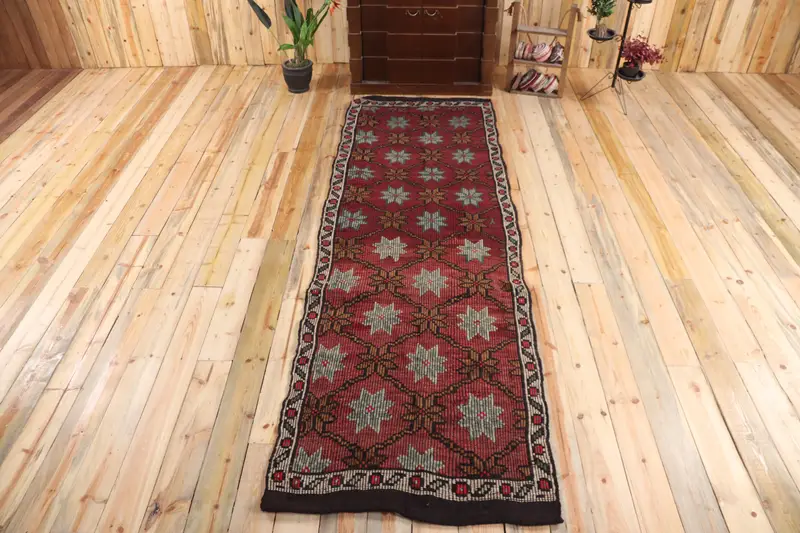 3.2x10 ft Türk Vintage Halı, Yolluk Halı, Kilim Kırmızı Yün Halı - 1