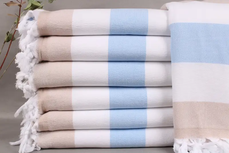 Organic Terry Towel, Baby Blue-Beige Striped, 36x63 Inches