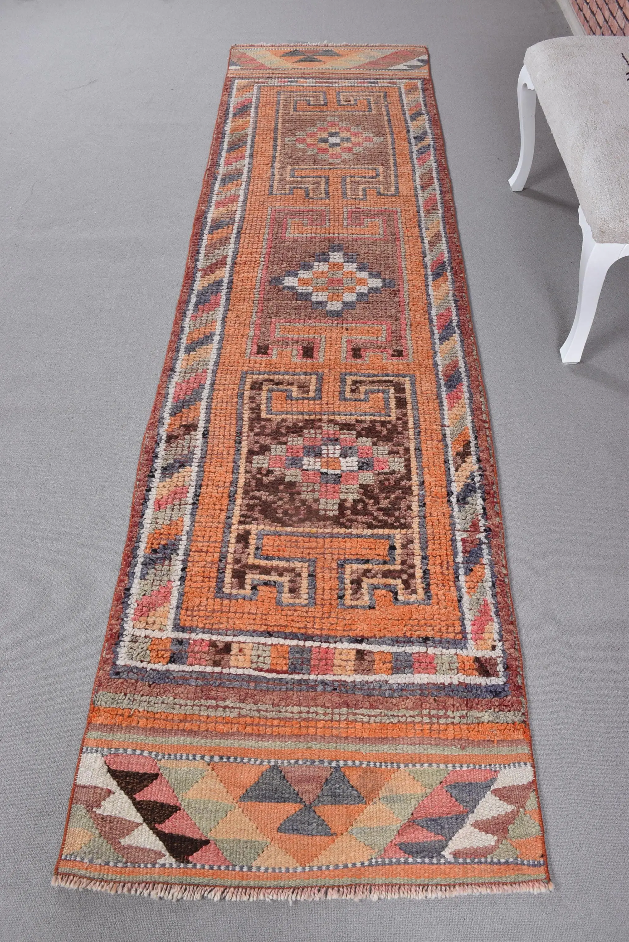 Vintage 2.7x10.3 ft Rug, Runner Turkish Rug, Orange Brown Patchwork Wool Rug - 1
