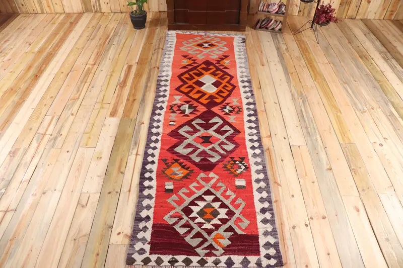 3x9.6 ft Halı, Vintage Türk Halısı, Kırmızı İkat Yün Halı - 1