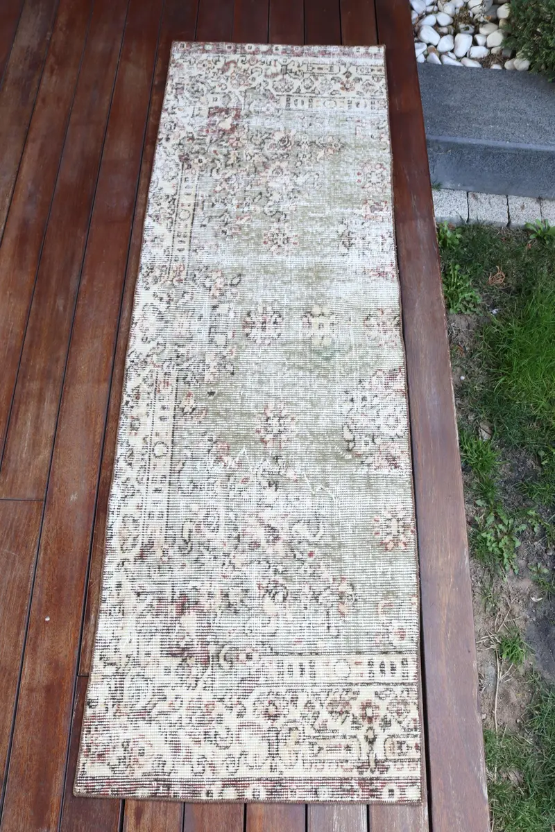 El Yapımı Yeşil Halı, 1,7x5,6 ft Çizgili, Geometrik Şekilli