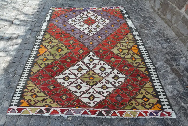 Alfombra vintage de 5,3x8,1 pies, alfombra turca grande, alfombra de plantas y árboles verdes rojos - 1