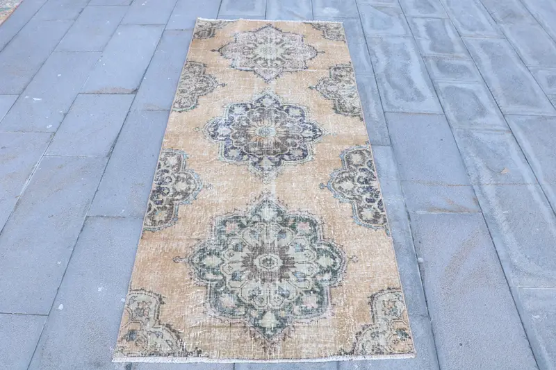 ブラウン & ブルー ラグ、2.9x7 フィート ストライプ幾何学デザイン