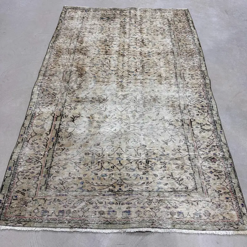 Vintage Turkish Oushak Rug 4.6x7.5 ft, Gray Area Floral Wool Rug - 1