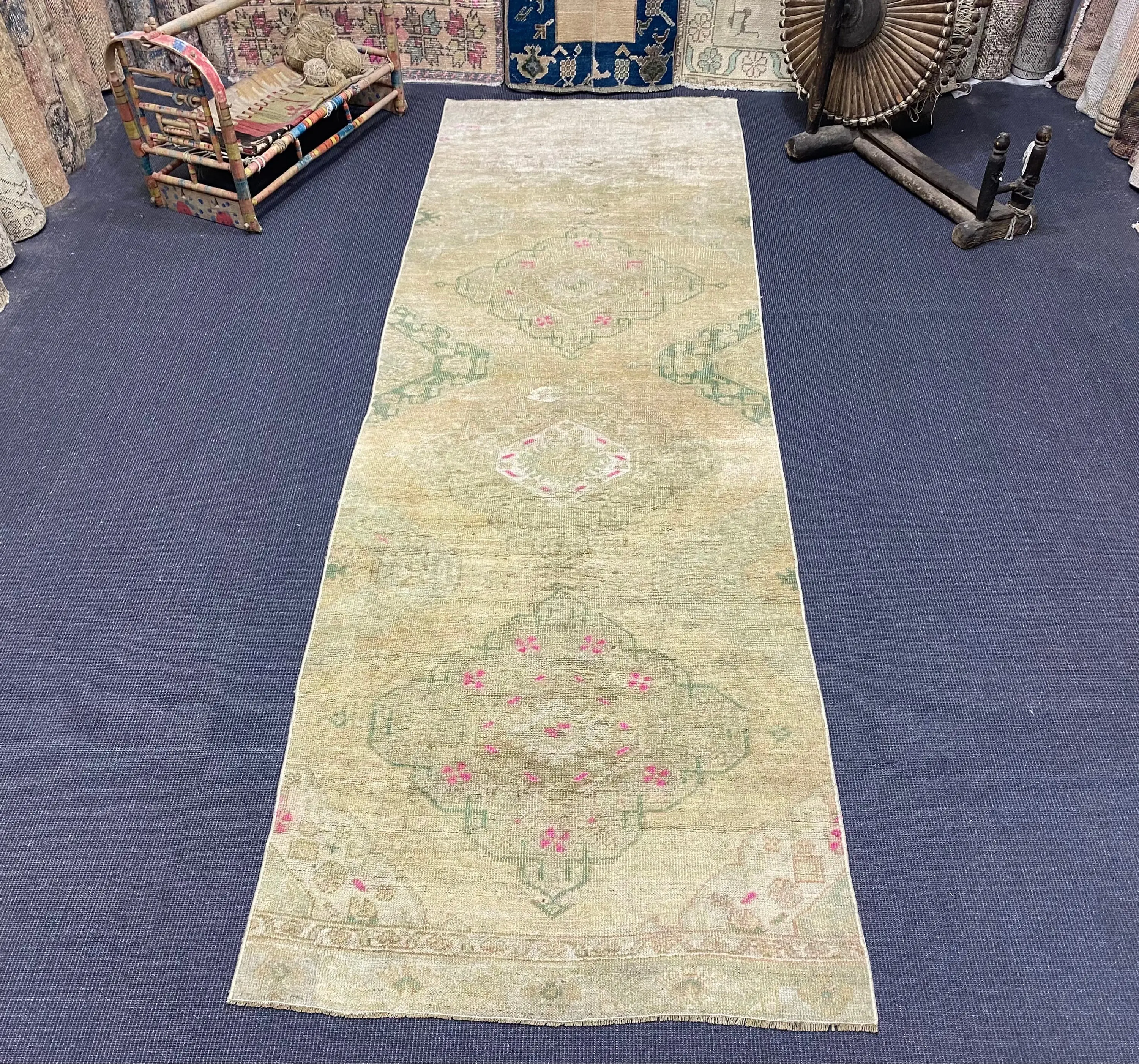 Turkish 3x9.9 ft Rug, Runner Vintage Rug, Green Floral Wool Rug - 1