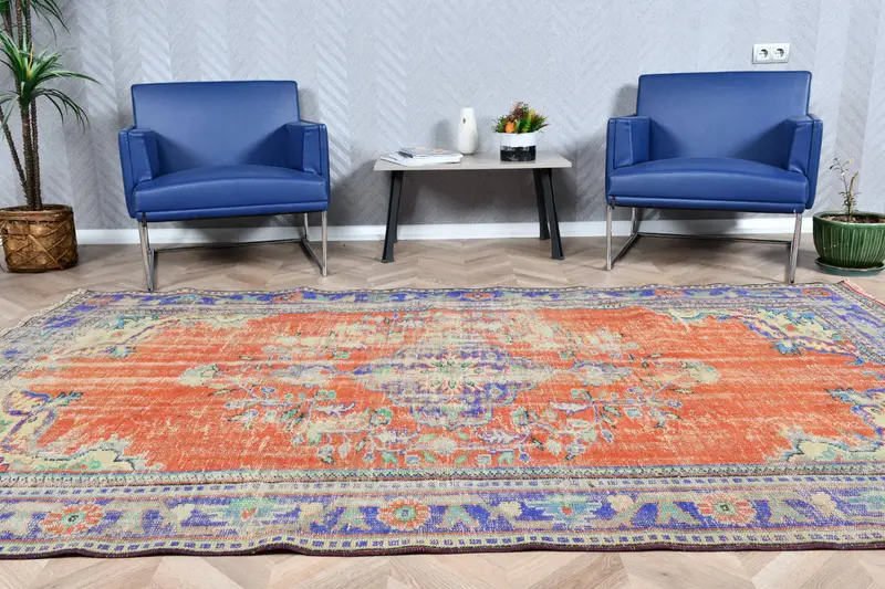 Türkischer 5,4x9,3 ft Teppich, Oushak Vintage Teppich, Orange Abstrakter Wollteppich - 1
