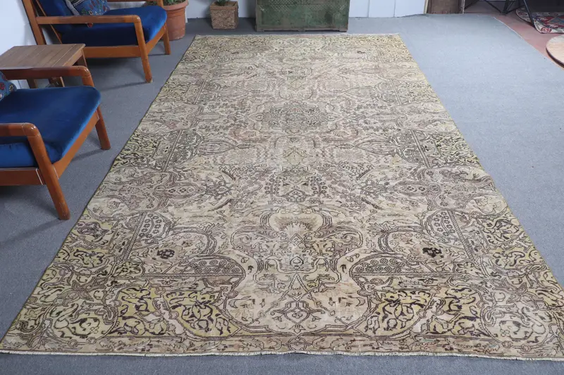 Sarı & Kahverengi Halı, 6,7x11,4 ft Çizgili Geometrik Tasarım