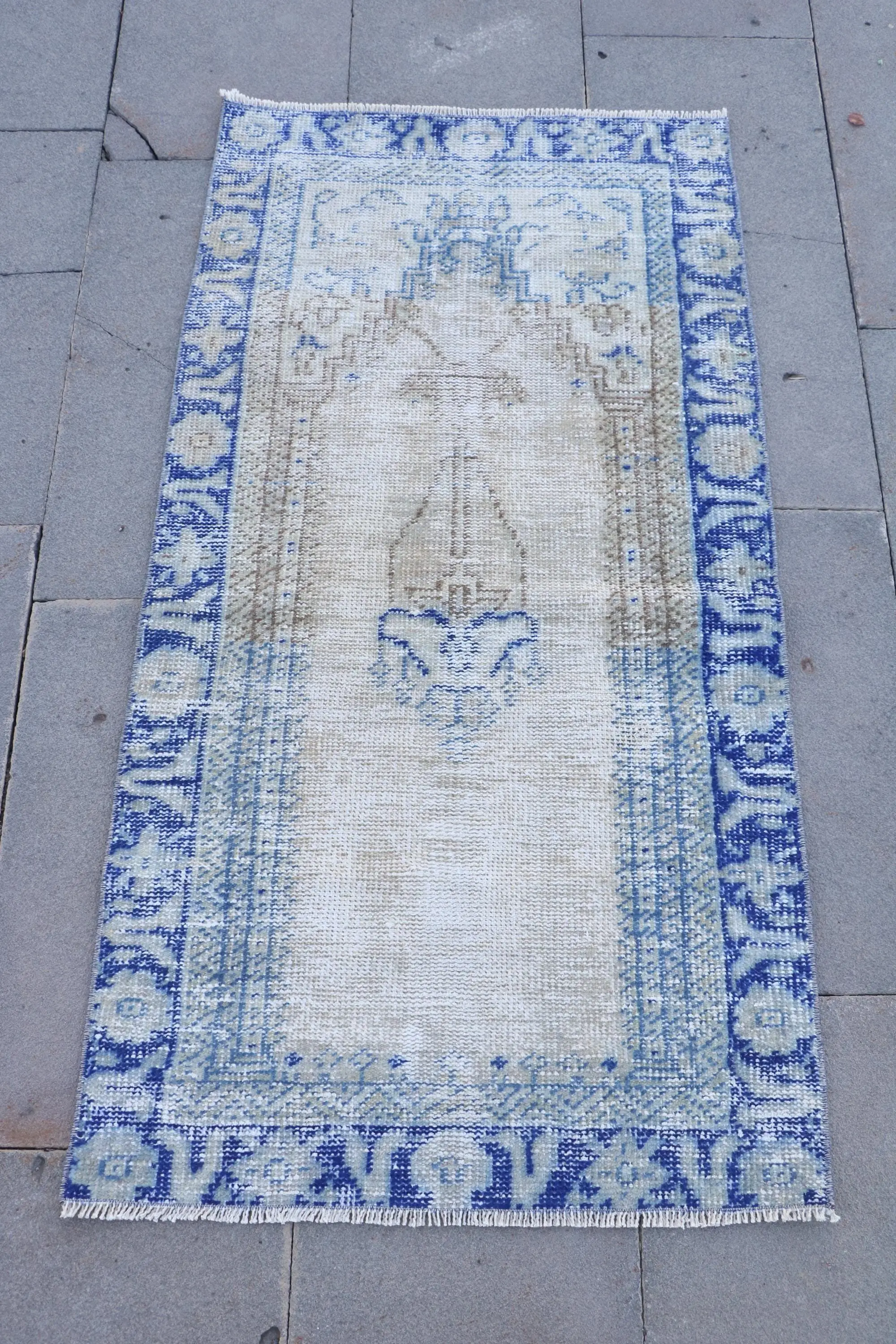 Vintage Turkish Small Rug 2.2x4.2 ft, Blue Southwestern Rug Wool - 1
