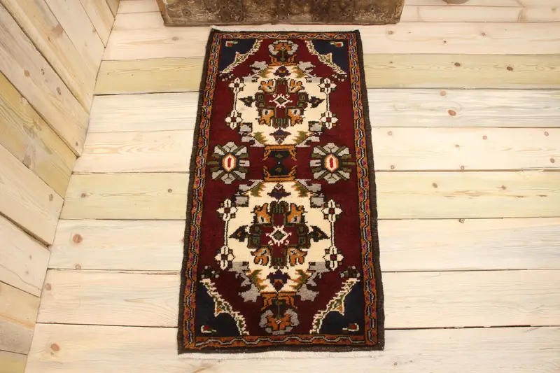 Handmade Red & Beige Rug, 0.1x3.3 ft Geometric Floral